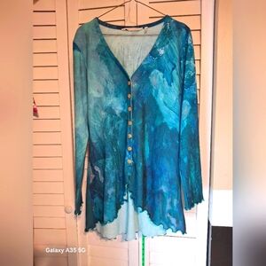 Soft Surroundings Teal Blue Button-Down Hi Lo Long Sleeve Blouse Sz M Oversized